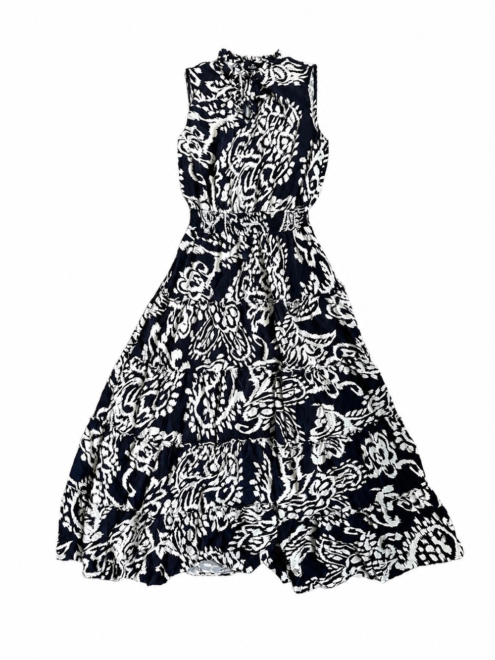 MSK Women’s Blue & Cream Sleeveless Maxi Dress Size M Abstract Print Tiered Boho